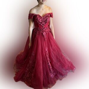 Red Ruched Tiered Gown with Sweetheart Neckline